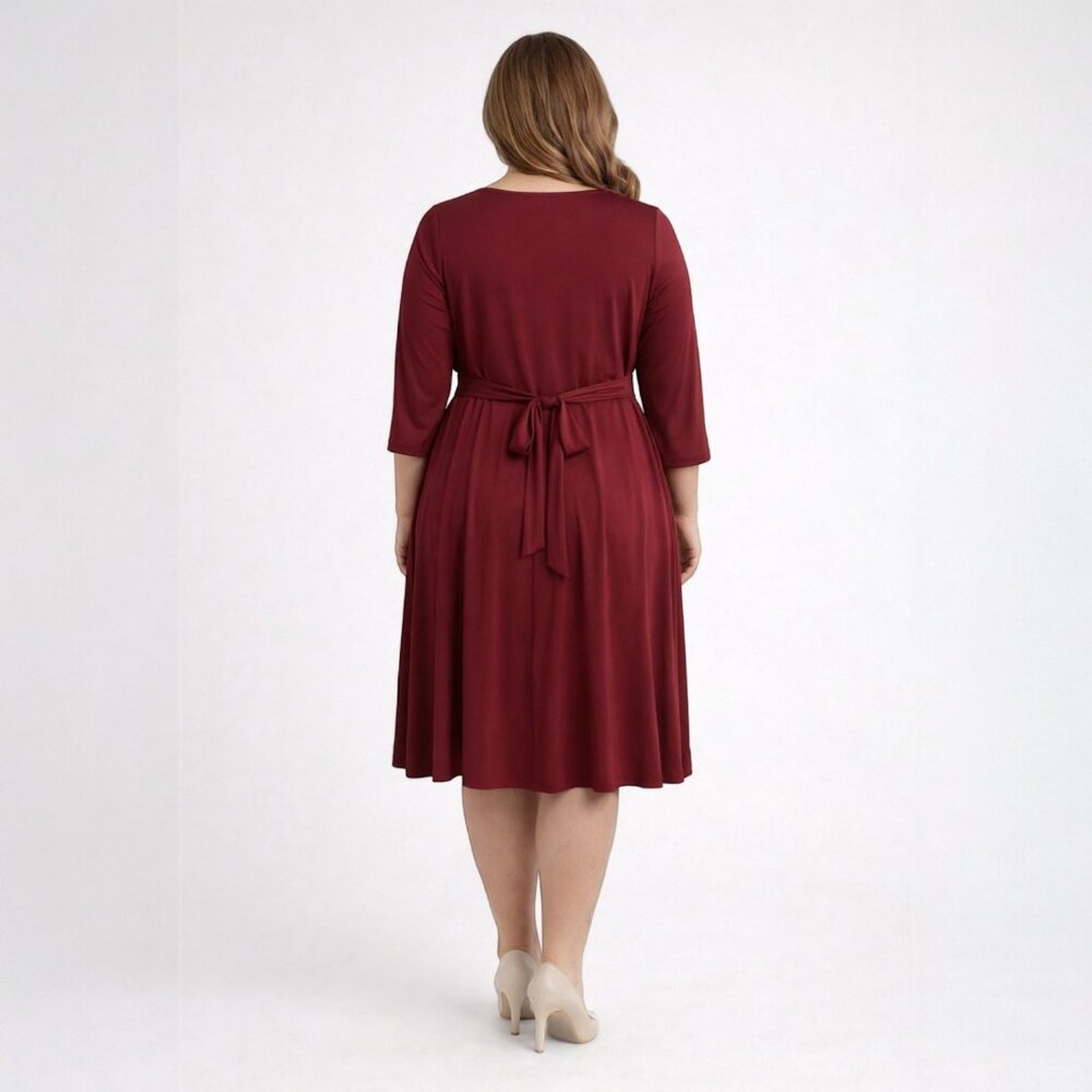 Flattering Burgundy Faux Wrap V-Neck Pleated Dress XL Self Tie Belt - Picture 2 of 6